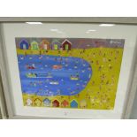 A FRAMED AND GLAZED PAINTING BY GORDON BARKER OF BEACH HUTS AND THE BEACH, SIGNED LOWER RIGHT