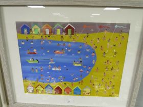 A FRAMED AND GLAZED PAINTING BY GORDON BARKER OF BEACH HUTS AND THE BEACH, SIGNED LOWER RIGHT