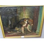 A VINTAGE OIL ON CANVAS INTERIOR SCENE WITH DOG