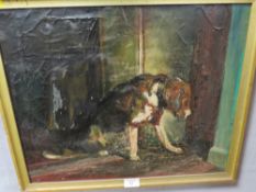 A VINTAGE OIL ON CANVAS INTERIOR SCENE WITH DOG