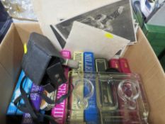 A SMALL BOX OF SUNDRIES TO INCLUDE A PRESSED GLASS DESK STAND , THEATRICAL PICTURES ETC