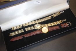 A LONGINES LADIES GOLD PLATED WRIST WATCH, ALONG WITH ONE OTHER WATCH AND A BRACELET