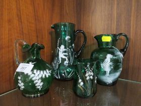 FOUR PIECES OF GREEN MARY GREGORY STYLE GLASS WARE