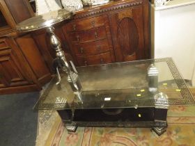 A MODERN VERSACE STYLE COFFEE TABLE AND A METAL TABLE (2)