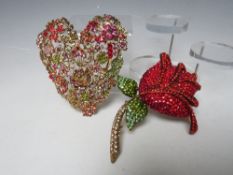 TWO LARGE BUTLER & WILSON BROOCHES COMPRISING A DECORATIVE GEMSET PIERCED FILIGREE STYLE HEART, H 10