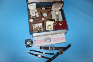 A BOX OF COSTUME JEWELLERY AND WATCHES