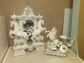 A LARGE WHITE AND SILVER EQUESTRIAN THEMED CLOCK H-58 W-38 CM AND A TELEPHONE (2)