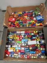 TWO TRAYS OF ASSORTED PLAY WORN TOY CARS ETC