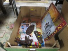 A BOX OF MIXED SIGNS AND CAST IRON ETC