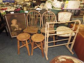 A PAIR OF ANTIQUE KITCHEN CHAIRS, 2 STOOLS, TOWEL RAIL, SCREEN AND FRENCH STYLE CHAIR ETC