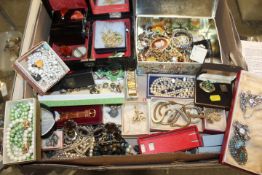 A TRAY OF ASSORTED COSTUME JEWELLERY , WRIST WATCHES ETC