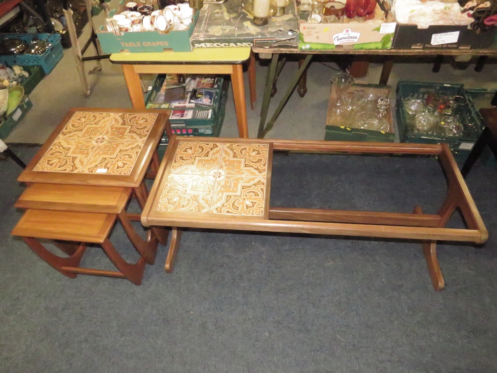 A MID CENTURY G-PLAN TEAK NEST OF TABLES TOGETHER WITH A G-PLAN COFFEE TABLE (MINUS GLASS) A/F (2)