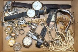 A TRAY OF ASSORTED WATCHES AND COSTUME JEWELLERY