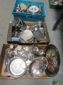 THREE TRAYS OF ASSORTED SILVER PLATED WARE TO INCLUDE A THREE BRANCH CANDELABRA