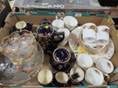 A TRAY OF ASSORTED CERAMICS AND GLASS TO INCLUDE ORIENTAL STYLE TEA WARE