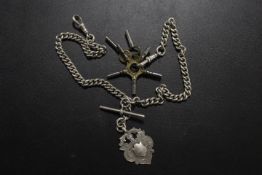 A HALLMARKED SILVER FOB CHAIN WITH FOB AND KEYS