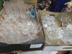 TWO TRAYS OF ASSORTED CRYSTAL AND CUT GLASS TO INCLUDE A VINTAGE ETCHED SCHWEPPES SODA SYPHON