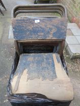 A SELECTION OF SEVEN STACKING INDUSTRIAL STYLE METAL AND WOOD CHAIRS