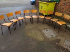 A SELECTION OF NINE STACKING INDUSTRIAL STYLE METAL AND WOOD CHAIRS