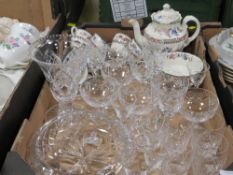 A TRAY OF CERAMICS AND GLASS TO INCLUDE A EDINBURGH CRYSTAL CUT GLASS BOWL