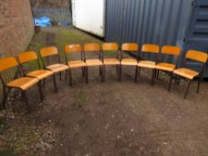 A SELECTION OF TEN STACKING INDUSTRIAL STYLE METAL AND WOOD CHAIRS