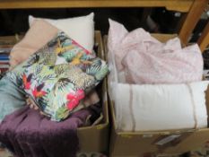 TWO BOXES OF EX SHOW HOME ITEMS TO INCLUDE TWO LAURA ASHLEY THROWS, A SELECTION OF CUSHIONS,