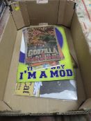 A BOX OF MIXED METAL SIGNS TO INCLUDE GODZILLA ETC