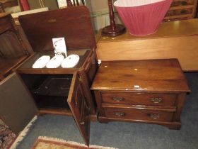 A REPRODUCTION OAK 'BURLEY BUTLER' HEATED SIDEBOARD WITH ROYAL WORCESTER TUREENS,TOGETHER WITH AN