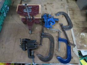 A SELECTION OF VICES AND G-CLAMPS