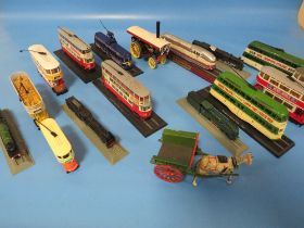 A SMALL BOX OF COLLECTABLE MODERN TRAMS ETC