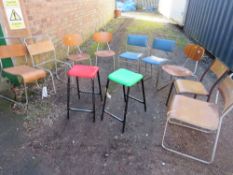 A SELECTION OF NINE MIXED INDUSTRIAL STYLE CHAIRS AND TWO STACKING CHAIRS
