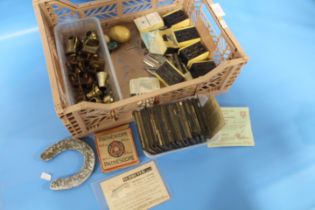 A TRAY OF COLLECTABLE'S TO INCLUDE BOXES OF DIP PEN NIBS, MAGIC LANTERN SLIDES ETC