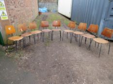 A SELECTION OF NINE STACKING INDUSTRIAL STYLE METAL AND WOOD CHAIRS