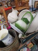 A TRAY OF LARGE CERAMICS TO INCLUDE JUG AND BOWLS SETS A/F