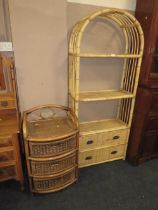 A WICKER BOOKCASE AND THREE DRAWER CHEST (2)