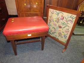 A VINTAGE MAHOGANY PIANO STOOL AND AN OAK FIRESCREEN (2)