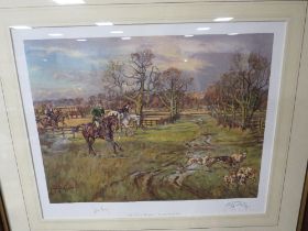 JOHN KEY - A FRAMED AND GLAZED BEAUFORT HUNT COLOURED PRINT - SIGNED, 36 X 44.5 CM