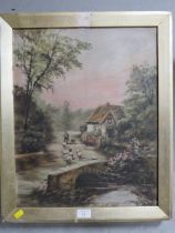 AN OIL ON CANVAS OF A SHEPHERD AND SHEEP CROSSING A BRIDGE, TOGETHER WITH A DUTCH OIL ON CANVAS '