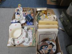 FOUR TRAYS OF ASSORTED CERAMICS TO INCLUDE A LARGE WASH JUG, COLLECTORS PLATES, FIGURINES ETC