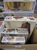 SIX UNMADE TAMIYA TANK MODEL KITS TO INCLUDE JAGDPANTHER, PANTHER, TIGER1, KING TIGER, US ARMY