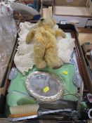 A WELL LOVED TEDDY BEAR, CROCHET BLANKET, PLATED DRESSING TABLE SET, CANDLE STICKS AND TWO FRAMED