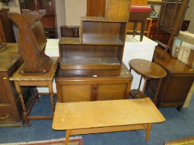 AN OAK ANGULAR BOOKCASE, BLANKET BOX, BARLEYTWIST TABLE ETC (6)