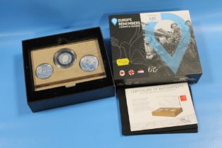 ROYAL DUTCH MINT 'EUROPE REMEMBERS' SILVER PROOF THREE COIN SET, IN BOX OF ISSUE