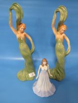 A ROYAL DOULTON APRIL DIAMOND FIGURINE PLUS TWO OTHER FIGURINES - Large figurine has a crack to arm