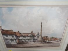 A FRAMED AND GLAZED WATERCOLOUR OF THE SQUARE, LAVENHAM, SUFFOLK, BY ALAN CAPEY, 36 X 49.5 CM