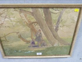 B.J. FLETCHER - A WATERCOLOUR DEPICTING THREE CHILDREN IN THE WOODS