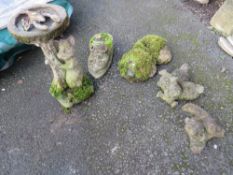 A CONCRETE GARDEN BIRDBATH AND FOUR GARDEN STATUES