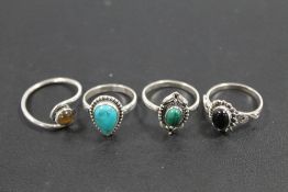 A COLLECTION OF 4 VINTAGE 925 SILVER GEMSTONE DRESS RINGS TO INCLUDE TIGERS EYE, JADE, TURQUOISE