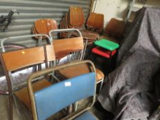 A SELECTION OF NINE MIXED INDUSTRIAL STYLE CHAIRS AND TWO STACKING CHAIRS, PLUS A SELECTION OF SEVEN