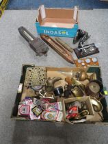 TWO TRAY OF SUNDRIES TO INCLUDE A WRIGHTS PATENT DEMAND INDICATOR, A VINTAGE LOOM SHUTTLE ETC